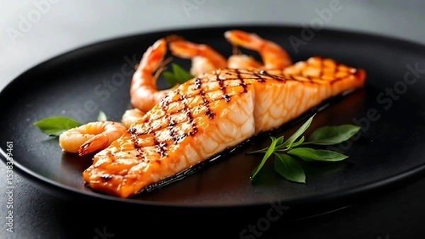 Fototapeta A culinary presentation featuring a plate of seafood with a visually appealing and appetizing composition.