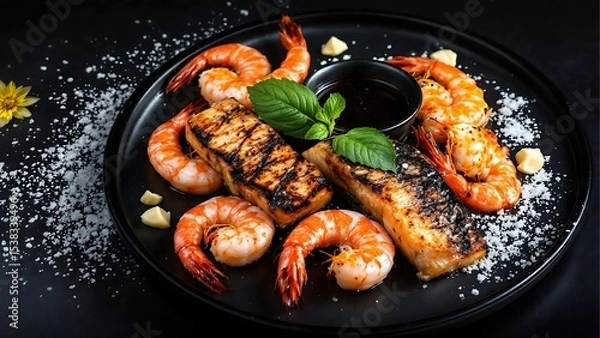 Fototapeta A culinary presentation featuring a plate of seafood with a visually appealing and appetizing composition.