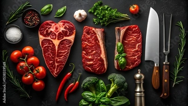 Fototapeta The photo showcases a collection of fresh ingredients, including herbs, spices, and a selection of vegetables, as well as a sharp, robust knife.