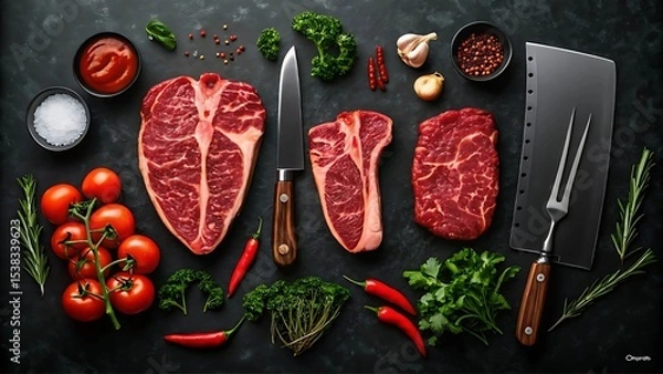 Fototapeta The photo showcases a collection of fresh ingredients, including herbs, spices, and a selection of vegetables, as well as a sharp, robust knife.