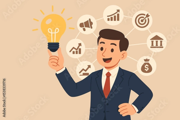 Fototapeta Businessman holding lightbulb, a symbol of a new idea and innovation. Business strategy and planning concept with icons for marketing, finance, investment, growth, and goals.