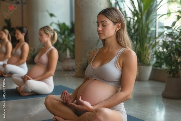 Obraz A Group of Pregnant Women Engaging in a Tranquil Yoga Class in a Sunlit Studio Surrounded by Lush Indoor Plants and Natural Light