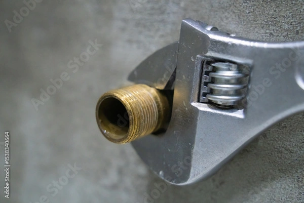 Obraz Adjustable wrench gripping a brass pipe fitting during plumbing work, showcasing the tools and materials used in plumbing and home repair