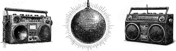 Fototapeta Engraved artwork of boombox and mirror ball for music enthusiasts, retro vector illustration
