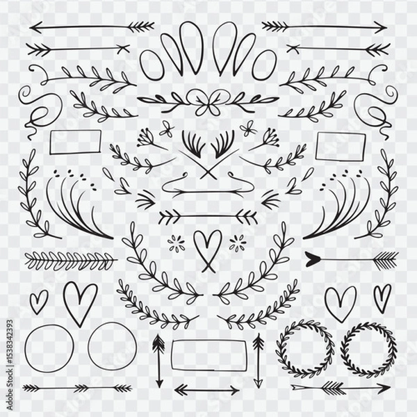 Fototapeta hand-drawn black and white decorative vector elements. Include a variety of ornate dividers, borders, floral flourishes, leafy branches, swirls, hearts, arrows, and circular wreaths.
