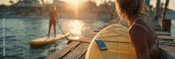 Fototapeta Standup paddleboarding at sunset by the serene jetty with a smartphone nearby