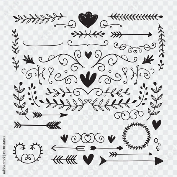 Fototapeta hand-drawn black and white decorative vector elements. Include a variety of ornate dividers, borders, floral flourishes, leafy branches, swirls, hearts, arrows, and circular wreaths.