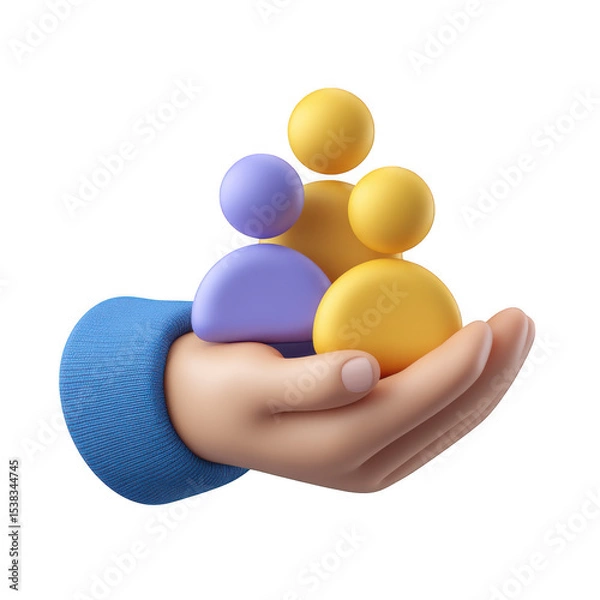 Obraz 3d render of hand holding colorful 3d people icons isolated on transparent background