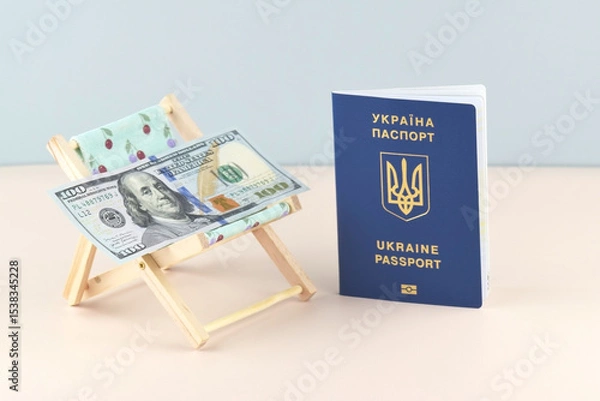 Fototapeta Ukraine passport and chaise lounge with dollars and globe on a light background.
