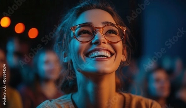Obraz Young Woman with Glasses Smiling Joyfully in a Crowded Venue, Capturing the Essence of Happiness and Connection in a Vibrant Atmosphere