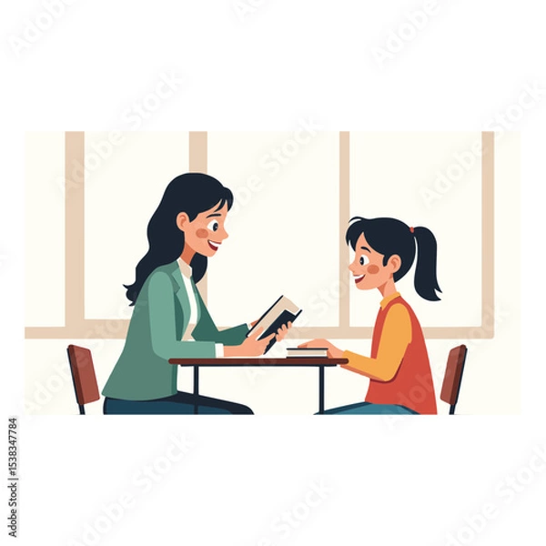 Fototapeta Teacher Tutoring Student Illustration: Reading Lesson, Education, Classroom Setting, Vector Art, Learning Support, One-on-One Instruction