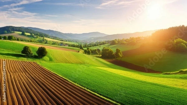 Fototapeta Lush Green Rolling Hills Under Bright Blue Sky at Sunset with Vibrant Fields