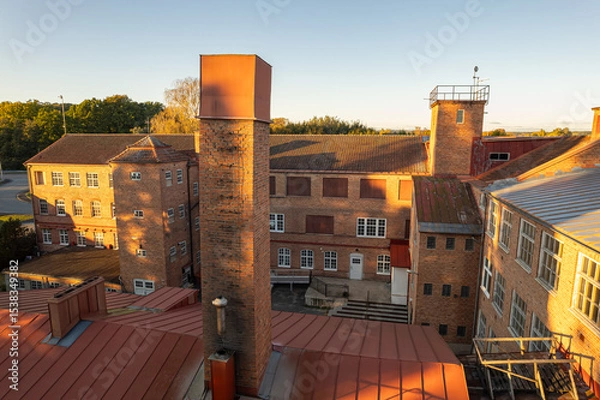 Fototapeta Aerial view of an old factory with large windows and vintage industrial architecture, showcasing unique historical design and brickwork from above
