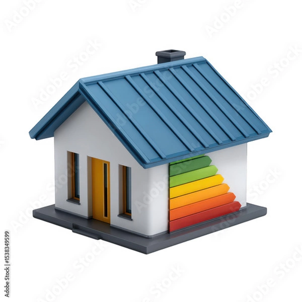 Obraz 3d model of energy efficient house with blue roof isolated on transparent background