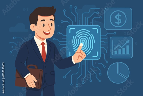 Fototapeta Businessman using fingerprint scan for biometric authentication on a virtual interface. Cybersecurity technology for financial data protection, business access control, and fintech.