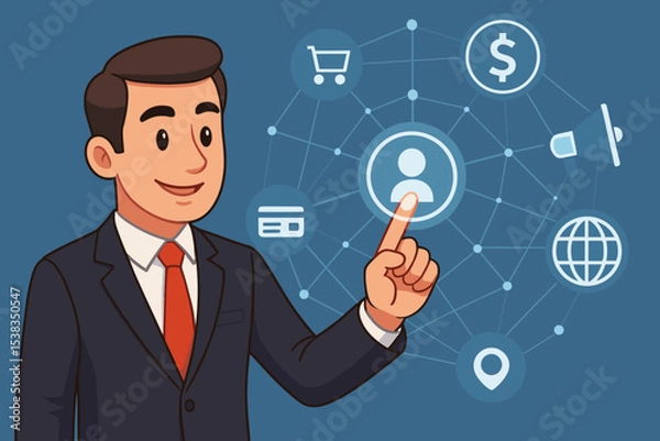 Fototapeta Businessman managing customer data on interactive screen. CRM system concept with user profile icon. Global business network with icons for marketing, finance, and e-commerce.