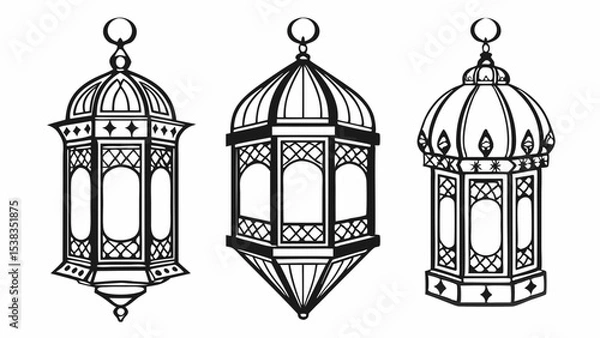 Fototapeta Three Ornate Islamic Lanterns Detailed Line Art Design.