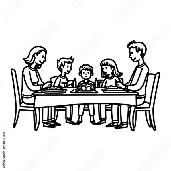 Fototapeta Family Dinner Illustration: Line Art of Parents and Children Eating Together at Table, Simple Black and White Drawing for Family Concepts
