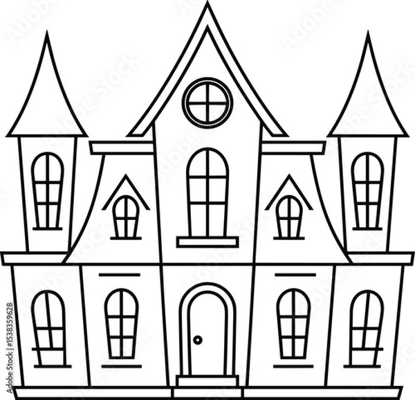 Fototapeta Spooky House Line Art Vector Illustration with Tall Towers and Gothic Windows