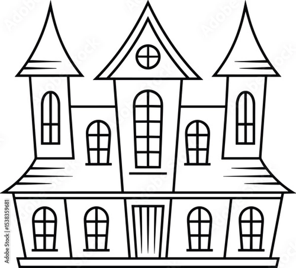 Fototapeta Haunted Mansion Line Art Vector Illustration with Gothic Architecture Elements