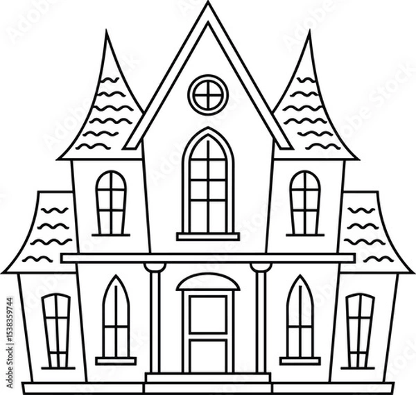 Fototapeta Haunted Mansion Line Art Vector Illustration with Gothic Architecture