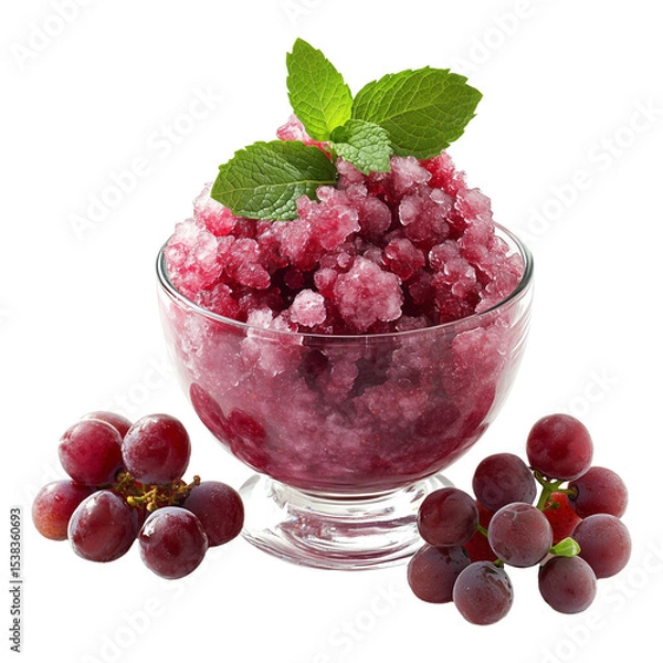 Fototapeta Red grape granita dessert in glass bowl with mint leaves, isolated on transparent or white background	
 