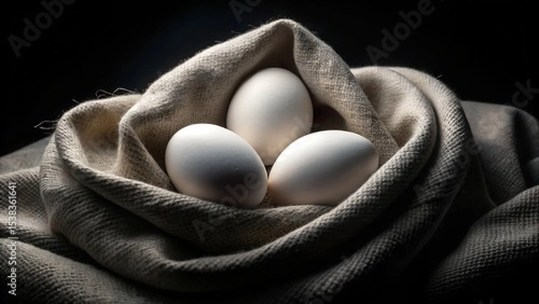 Fototapeta Three White Eggs Nestled in a Soft, Textured Fabric A Still Life Photography