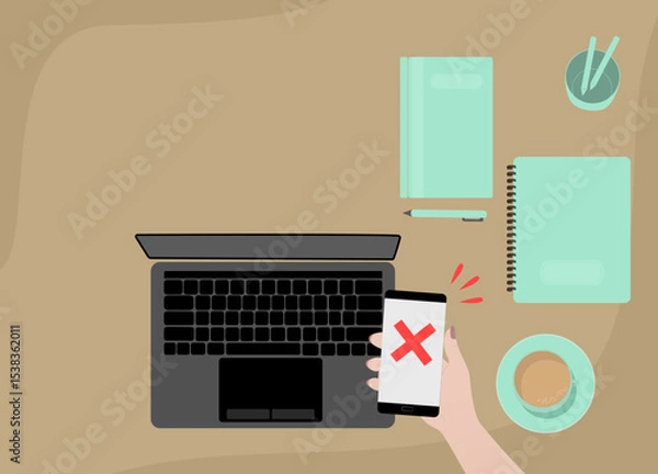 Fototapeta Flat illustration work from home. Business man holding smartphone with error alert illustration, cartoon mobile phone and warning icon, alarm or attention message notification.