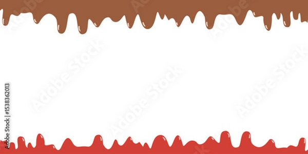 Fototapeta Melting fruit and chocolate ice cream texture. Vector realistic illustration of liquid sweet flow, brown and red paint splash, seamless dessert glaze border, creamy yogurt, choco frosting layer