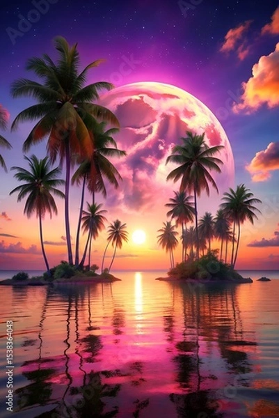 Fototapeta Surreal Pink Sunset Dreamlike Island Paradise with Palm Trees and Giant Moon