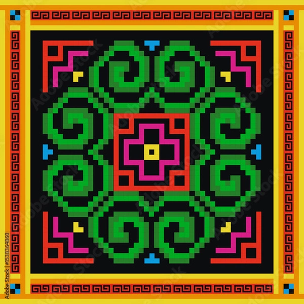 Fototapeta Colorful background with abstract Hmong embroidery cross stitch lanna oriental seamless pattern .