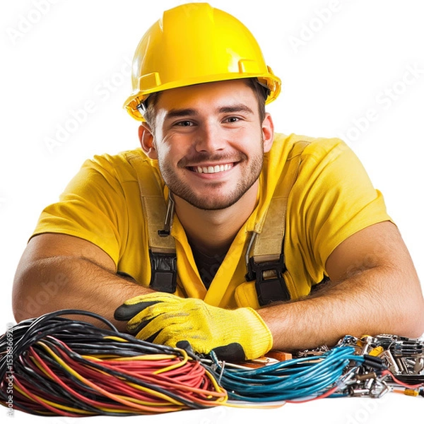 Fototapeta Man with electrical wire on transparent background