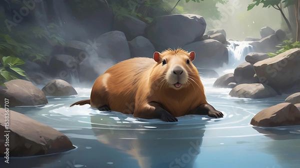 Fototapeta Capybara in a Tranquil Stream A Serene Wildlife Illustration