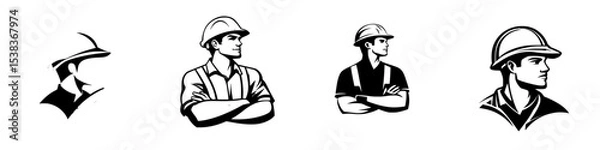 Obraz Illustrative collection of black icons representing various construction worker archetypes in different poses