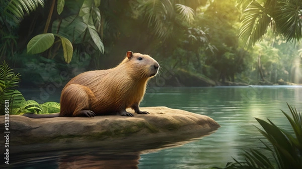 Fototapeta Capybara by the River A Majestic Creature in its Lush Habitat
