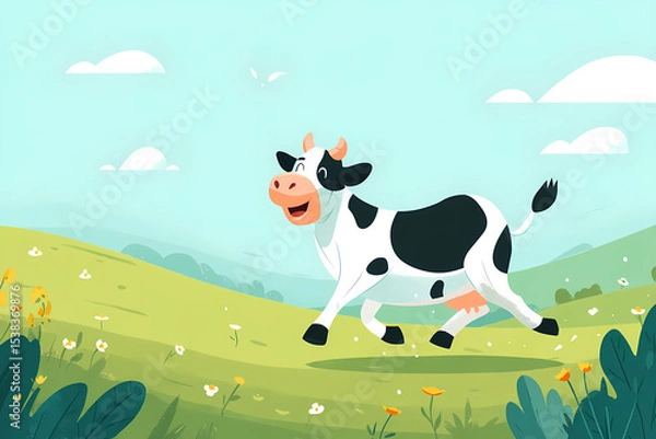 Fototapeta Happy Cartoon Cow Running in Flower Field – Flat Style