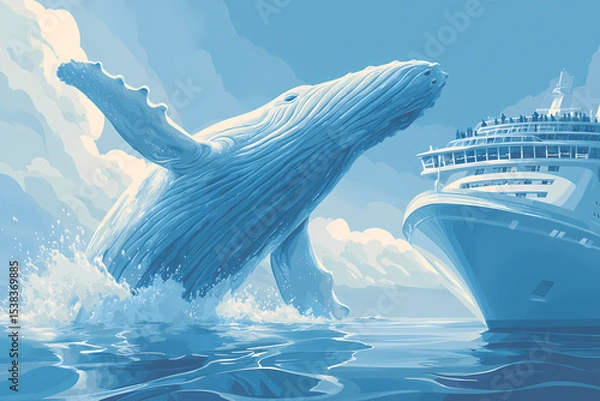 Fototapeta Whale Breaching Next to Cruise Ship – Vector Style