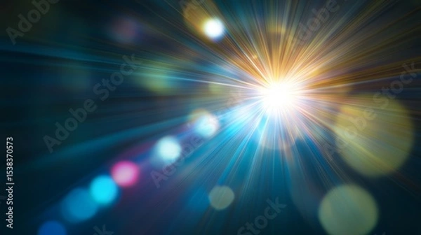 Fototapeta Realistic bright lens flare effect in high definition with glowing light beams, glare, bokeh circles and radial rays on black background, ideal for compositing and enhancing digital visual projects