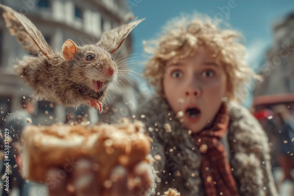 Fototapeta Flying Rat Snatching Pastry from Surprised Child