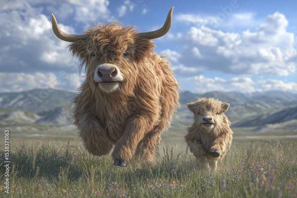 Fototapeta Highland Cow and Calf Running through a Meadow