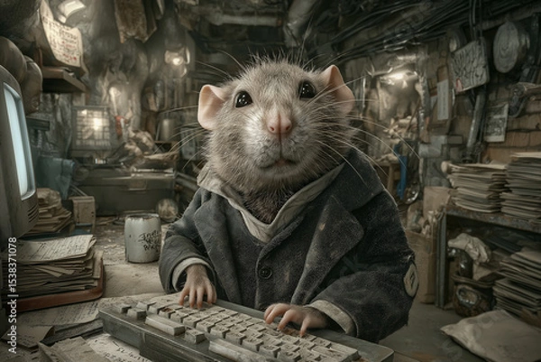 Fototapeta Rat Typing on Keyboard in Cluttered Underground Office