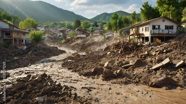 Fototapeta Devastating Mudslide Aftermath Homes and Landscape Destroyed by Natural Disaster