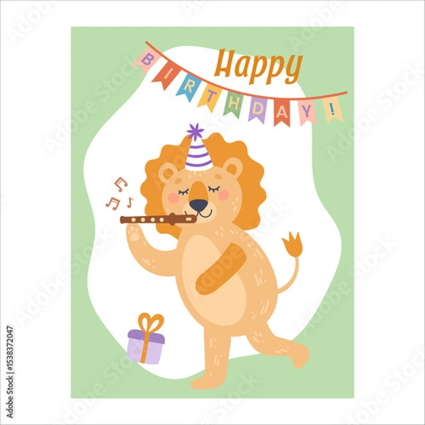 Obraz Cute colorful birthday card lion. Animals, fun. Hand-drawn vector illustration in flat style.