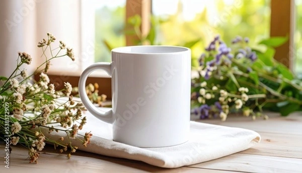 Obraz White ceramic mug on linen cloth beside wildflowers, rustic table mockup with natural window light