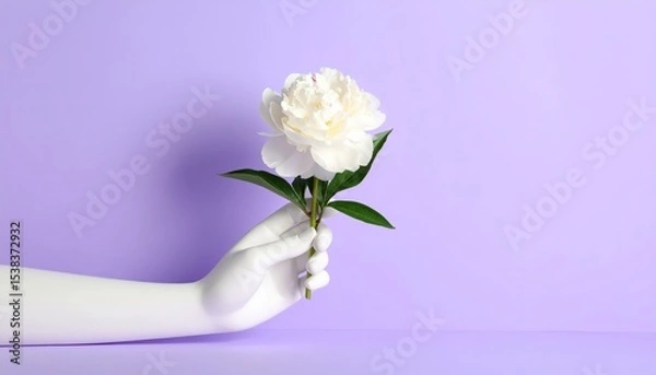 Obraz White ceramic hand holding a blooming peony, placed against a lavender background with soft shadows