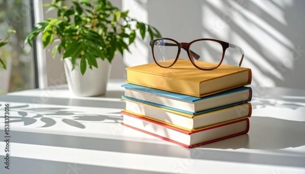 Obraz Stack of colorful books with glasses on top, sunlight casting leafy shadow on desk, back-to-school aesthetic
