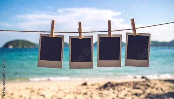 Obraz Polaroid photos clipped to twine with ocean background, nostalgic coastal travel memory aesthetic