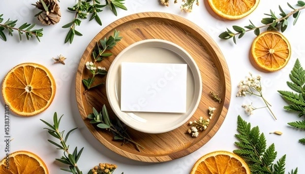 Obraz Round wooden tray with ceramic bowl and blank label surrounded by herbs and dried orange slices, organic branding concept