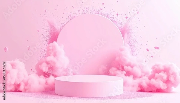 Obraz Pink powder explosion forming frame around pastel podium, cosmetic product display scene with soft lighting