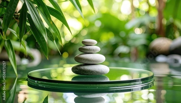 Obraz Pebbles stacked in perfect balance on glass platform over water with clean natural background